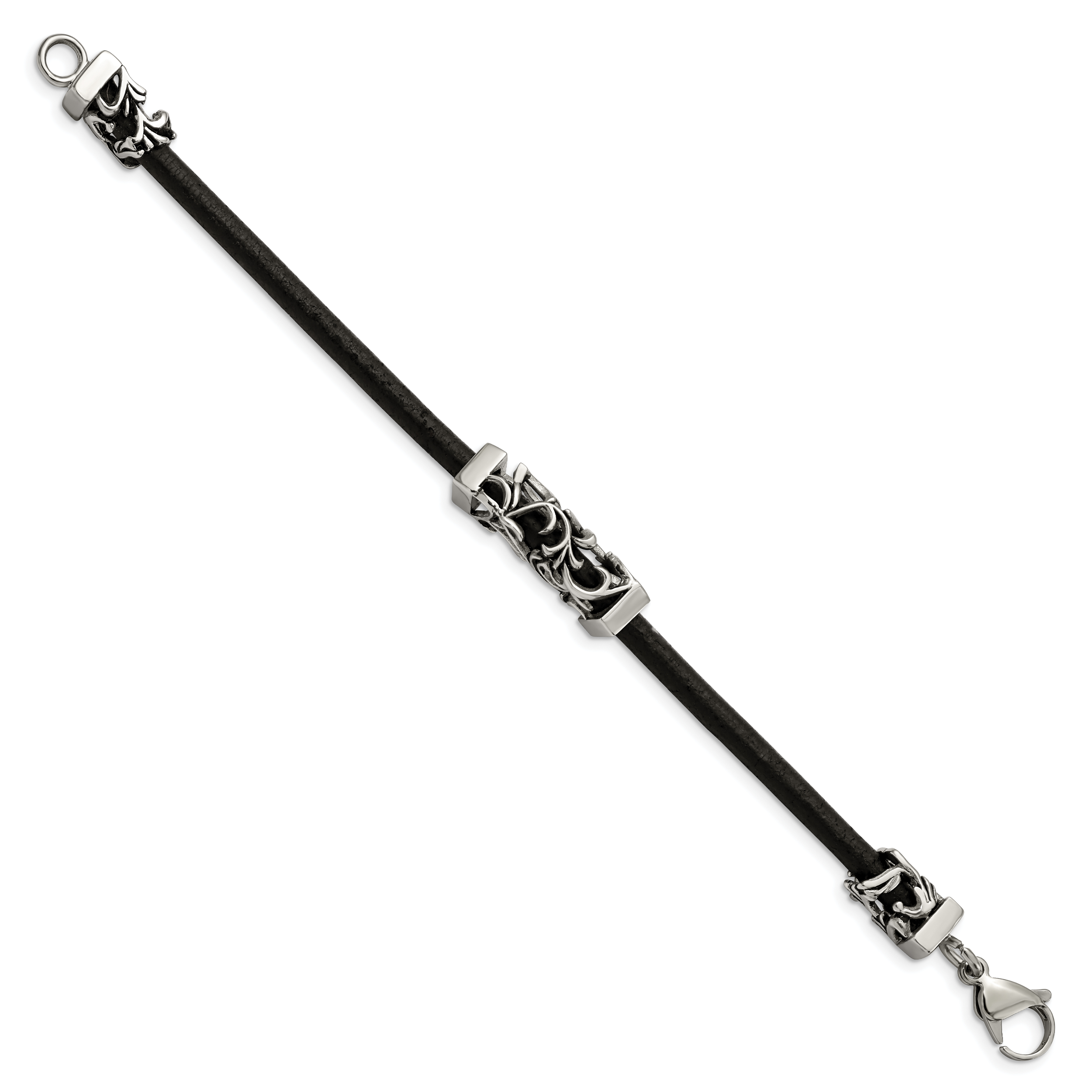 Stainless Steel Antiqued & Polished Filigree Black Leather Cord Bracelet for Men