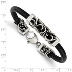 Stainless Steel Antiqued & Polished Filigree Black Leather Cord Bracelet for Men