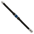 Stainless Steel Polished Black and Blue IP-plated Black Leather and Rubber Bracelet for Men
