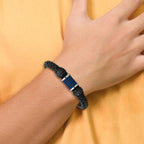 Stainless Steel Polished Black and Blue IP-plated Black Leather and Rubber Bracelet for Men