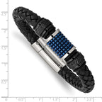 Stainless Steel Polished Black and Blue IP-plated Black Leather and Rubber Bracelet for Men