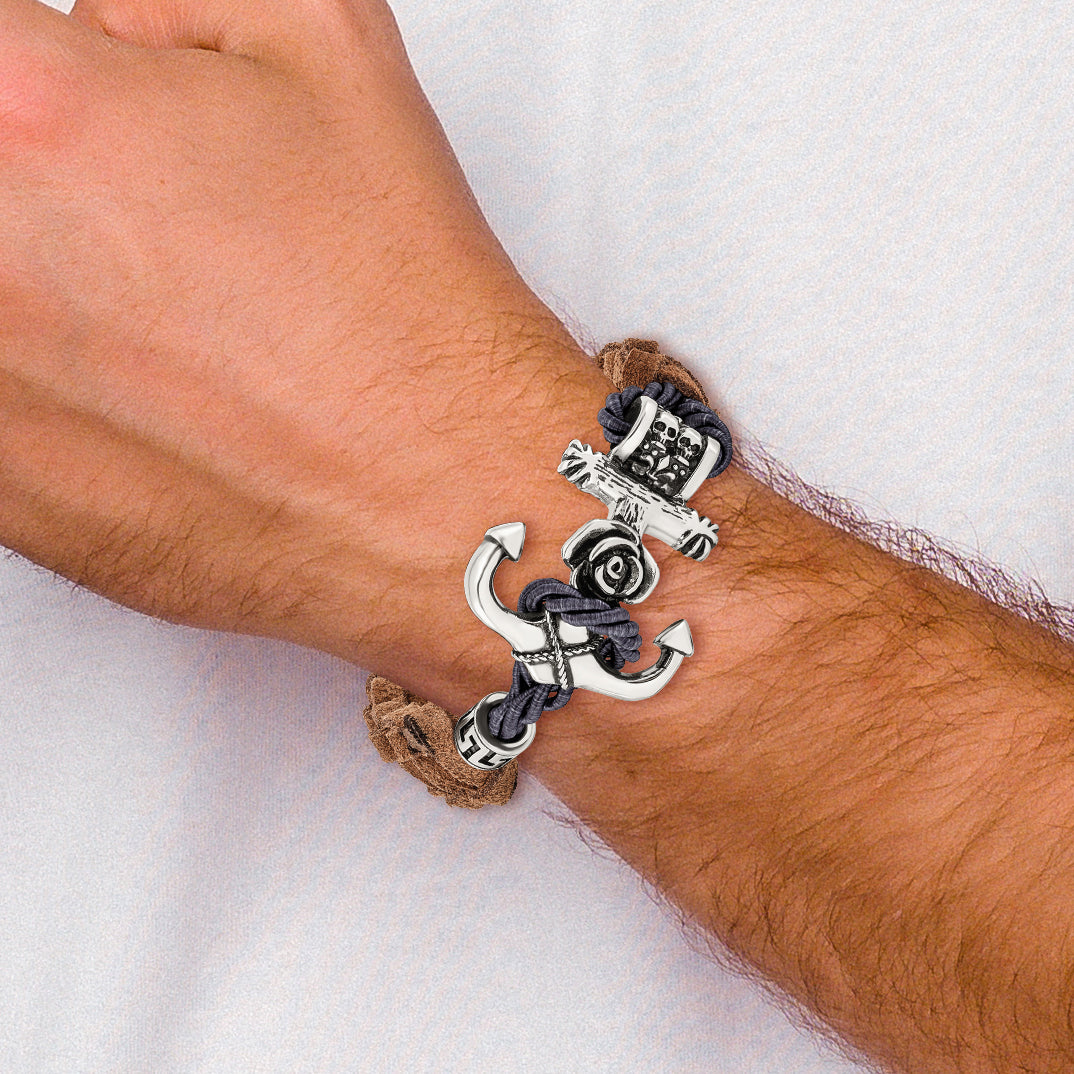 Stainless Steel Antiqued and Polished Anchor with Flower and Skulls Brown Leather Bracelet for Men