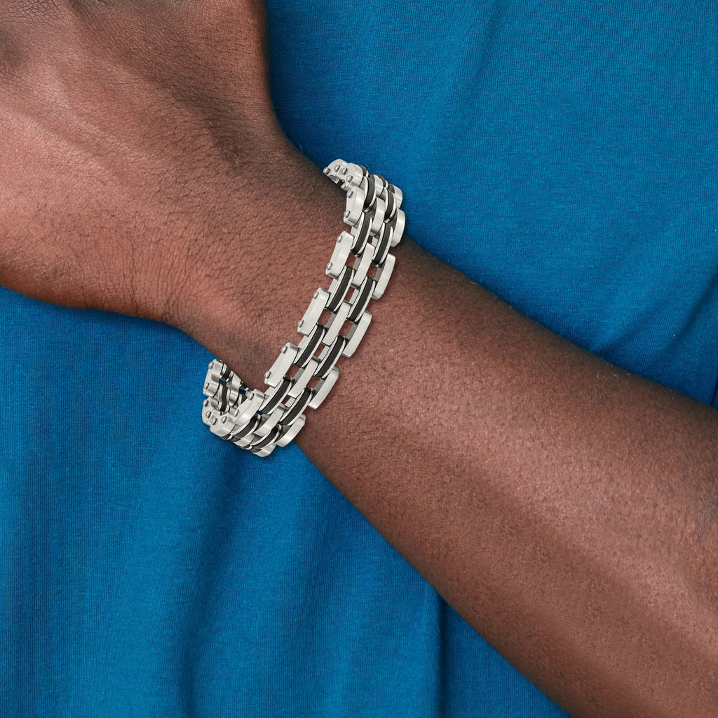 Stainless Steel Brushed and Polished with Black Rubber Link Bracelet for Men