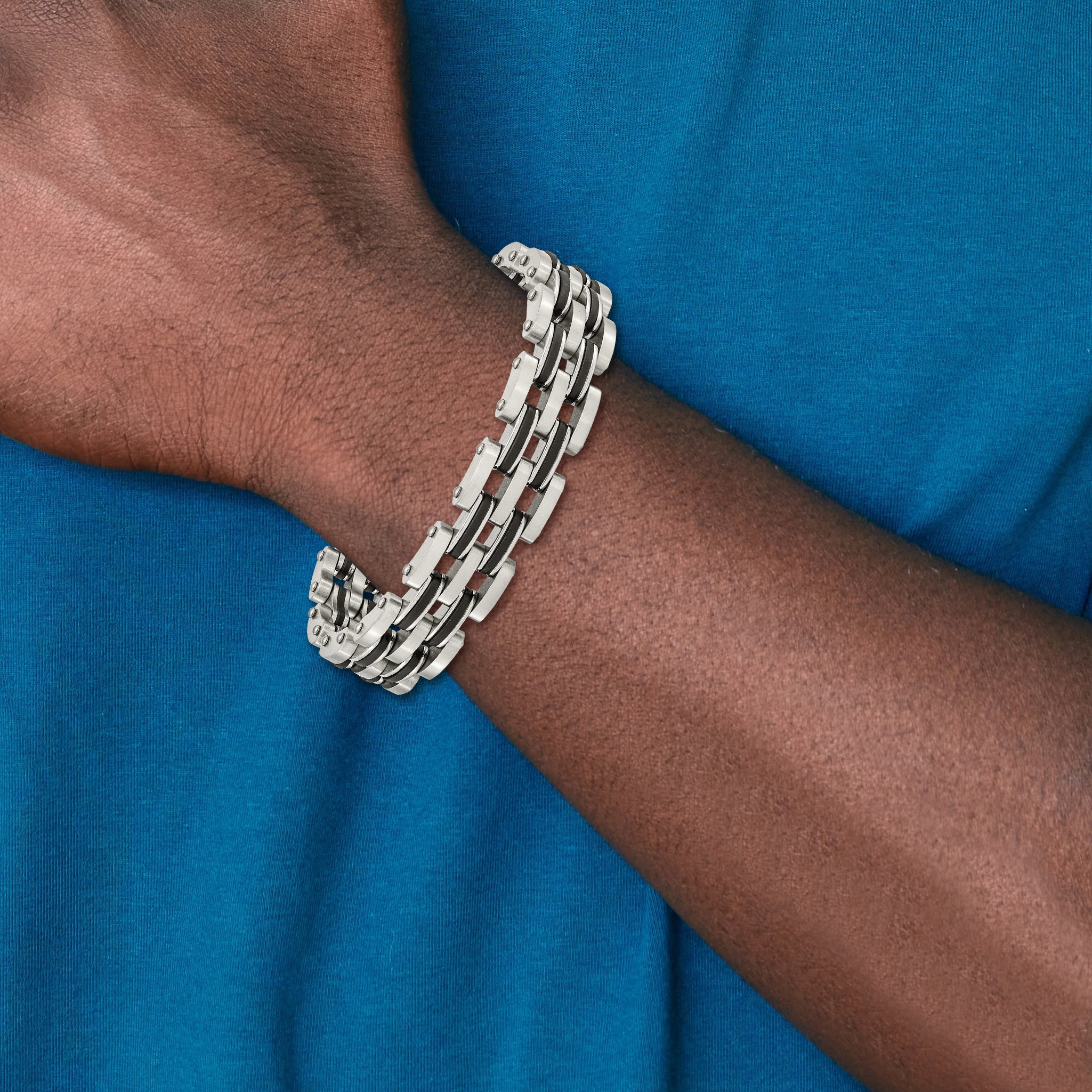Stainless Steel Brushed and Polished with Black Rubber Link Bracelet for Men