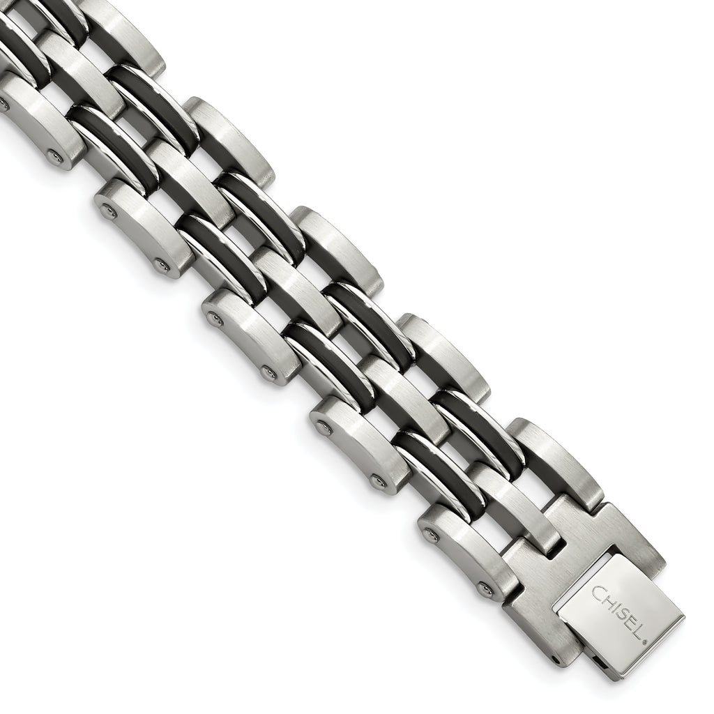 Stainless Steel Brushed and Polished with Black Rubber Link Bracelet for Men