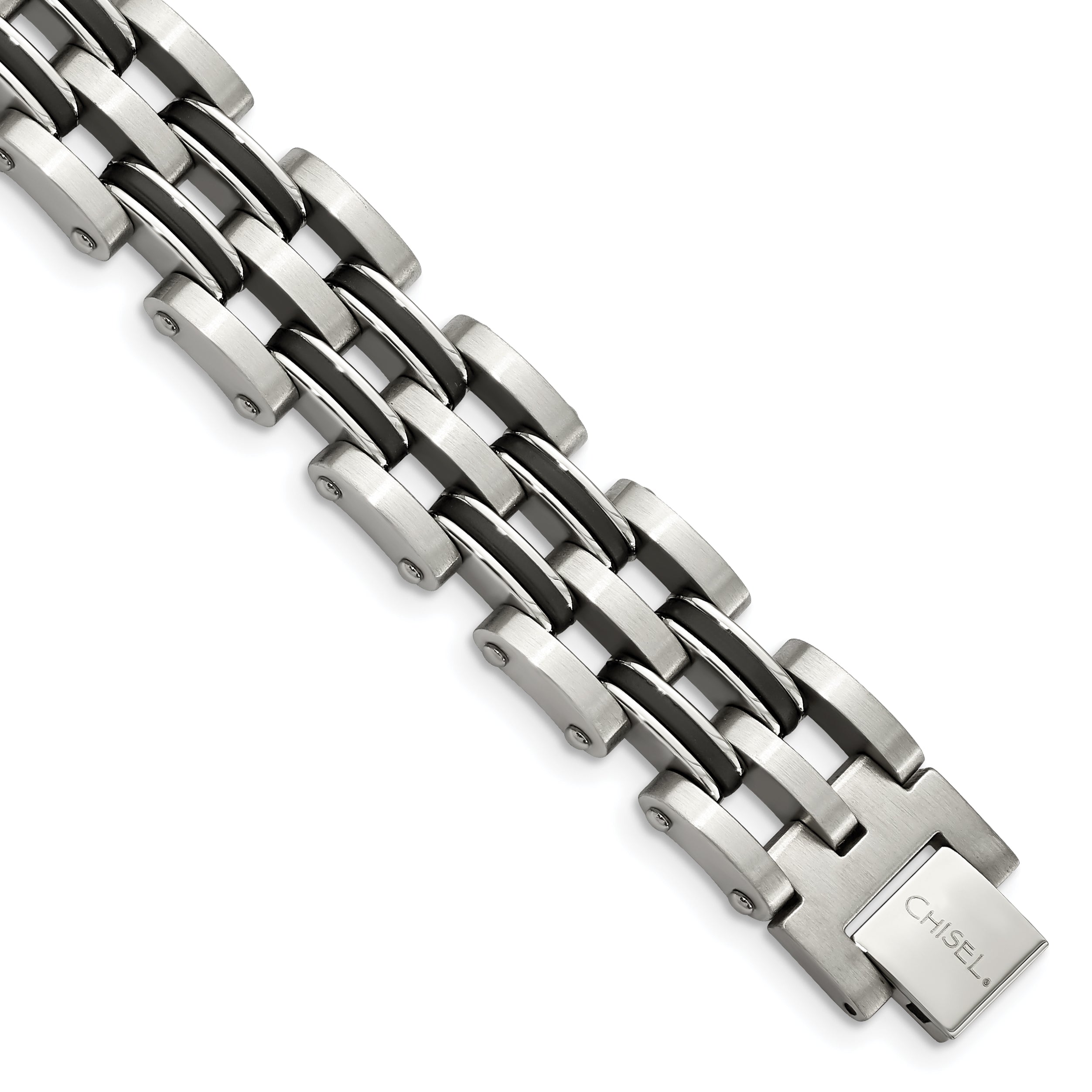 Stainless Steel Brushed and Polished with Black Rubber Link Bracelet for Men
