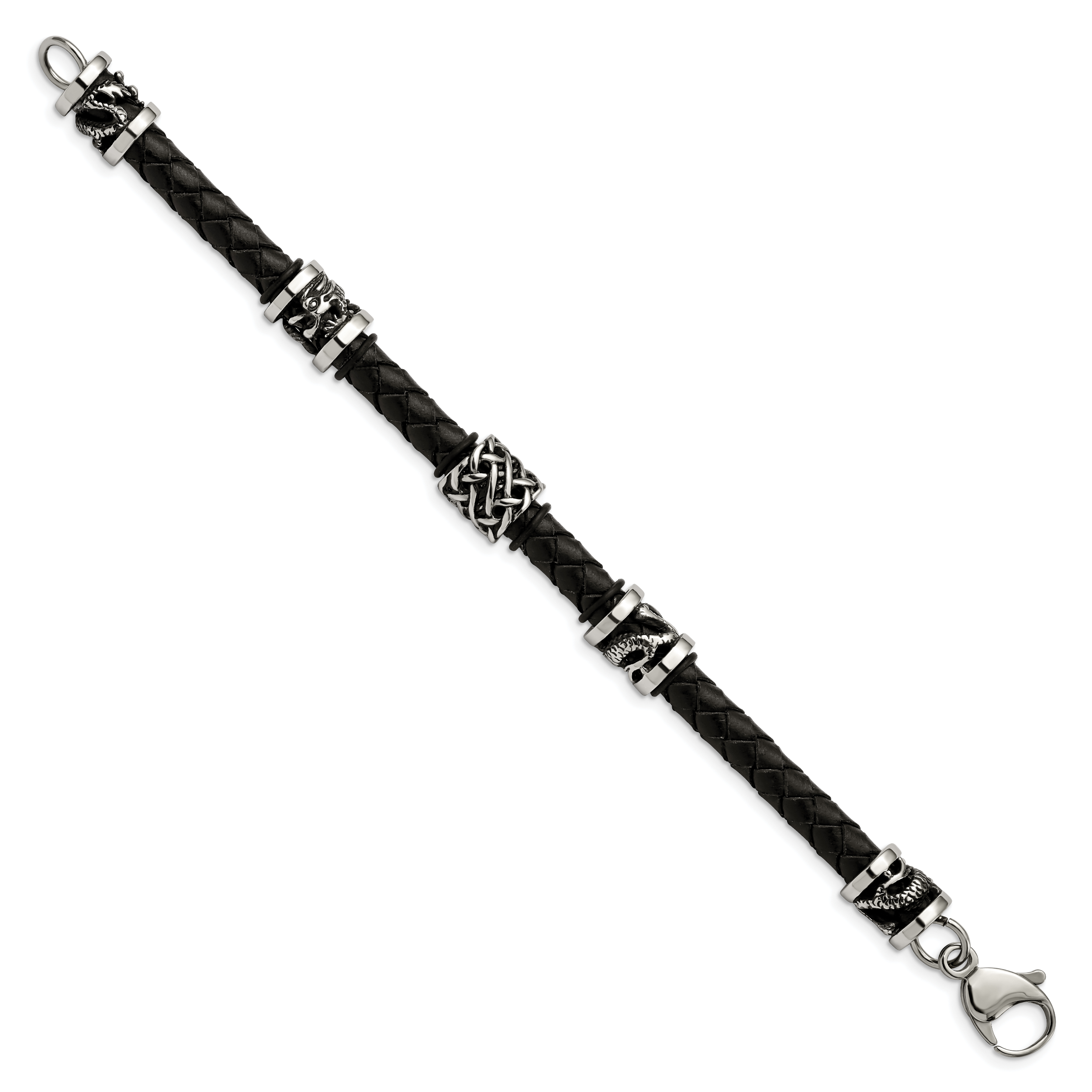 Stainless Steel Antiqued and Polished Dragon Black Braided Leather Bracelet for Men Secondary image