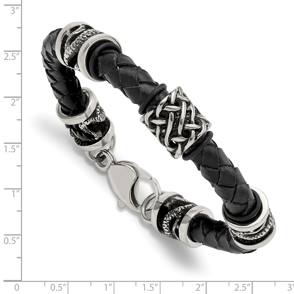 Stainless Steel Antiqued and Polished Dragon Black Braided Leather Bracelet for Men