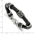 Stainless Steel Antiqued and Polished Dragon Black Braided Leather Bracelet for Men