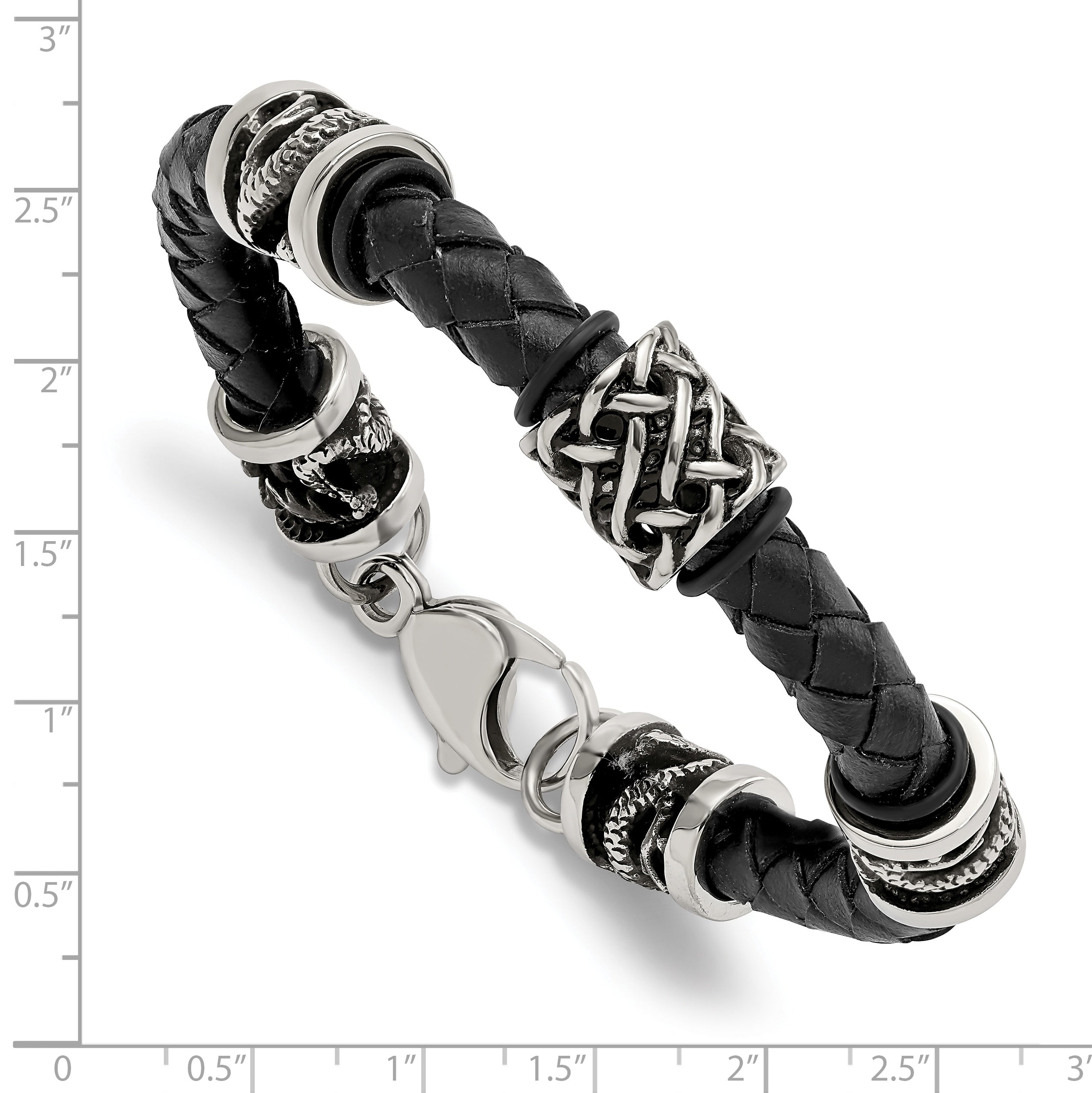 Stainless Steel Antiqued and Polished Dragon Black Braided Leather Bracelet for Men