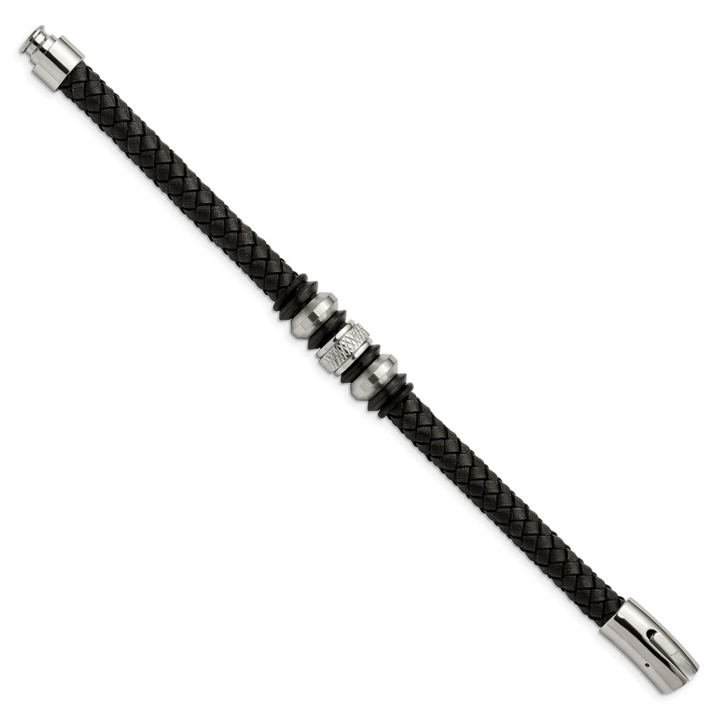 Stainless Steel Brushed Polished and Textured Black IP-plated Black Braided Leather and Rubber Bracelet for Men