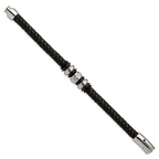 Stainless Steel Brushed Polished and Textured Black IP-plated Black Braided Leather and Rubber Bracelet for Men