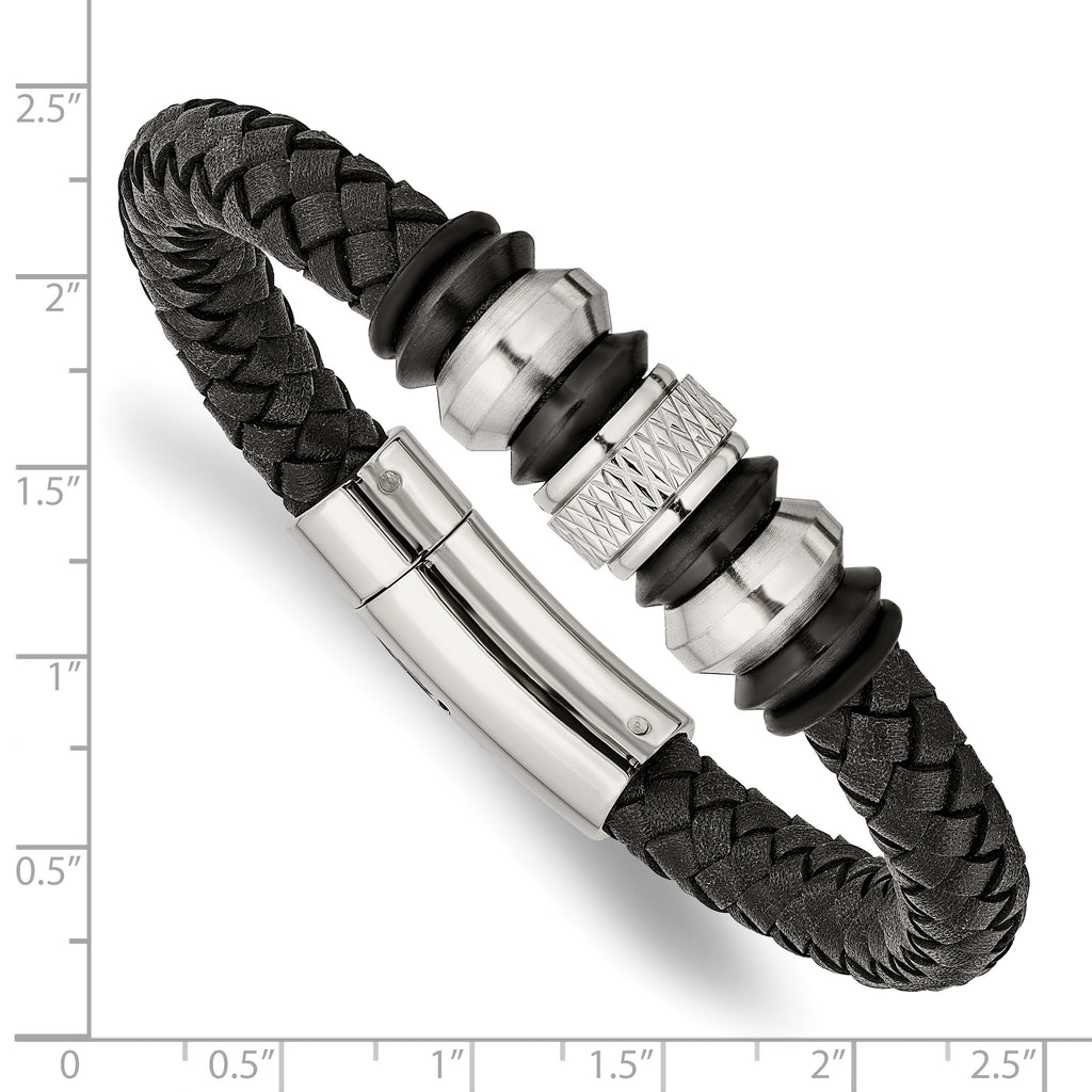 Stainless Steel Brushed Polished and Textured Black IP-plated Black Braided Leather and Rubber Bracelet for Men