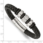 Stainless Steel Brushed Polished and Textured Black IP-plated Black Braided Leather and Rubber Bracelet for Men