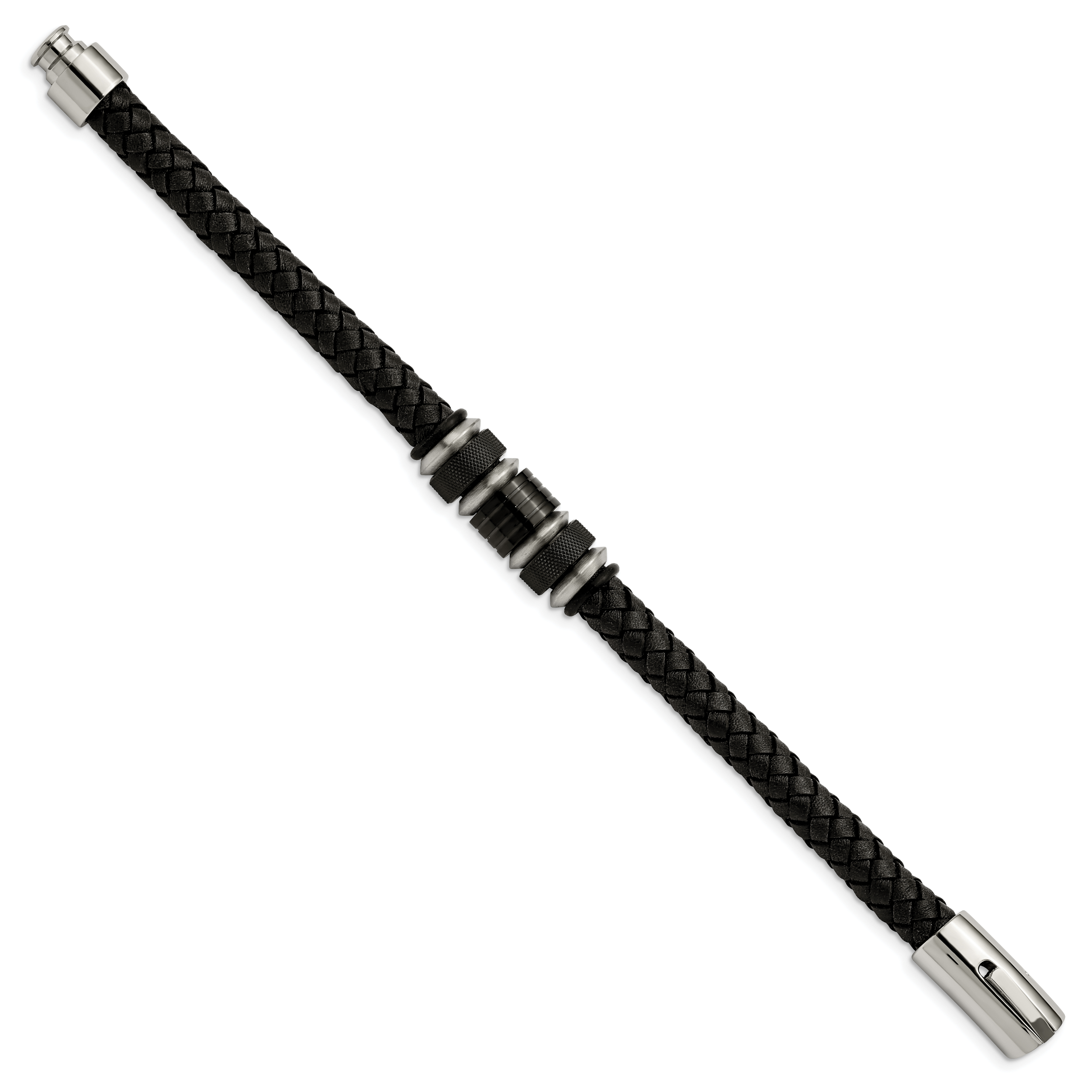 Stainless Steel Brushed and Polished Black IP-plated Black Braided Leather and Rubber Bracelet for Men Secondary image