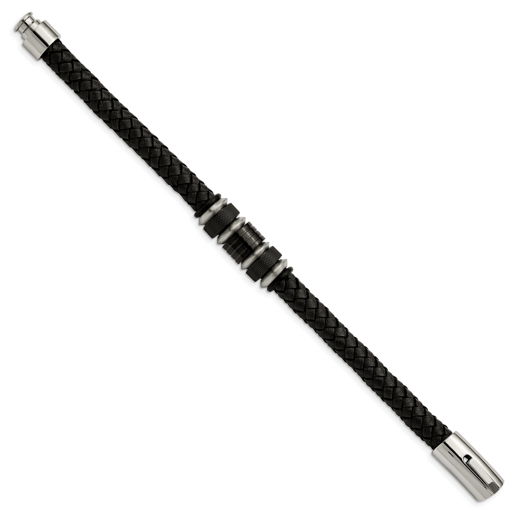 Stainless Steel Brushed and Polished Black IP-plated Black Braided Leather and Rubber Bracelet for Men