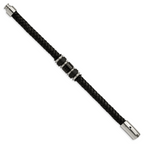 Stainless Steel Brushed and Polished Black IP-plated Black Braided Leather and Rubber Bracelet for Men