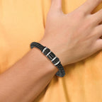 Stainless Steel Brushed and Polished Black IP-plated Black Braided Leather and Rubber Bracelet for Men