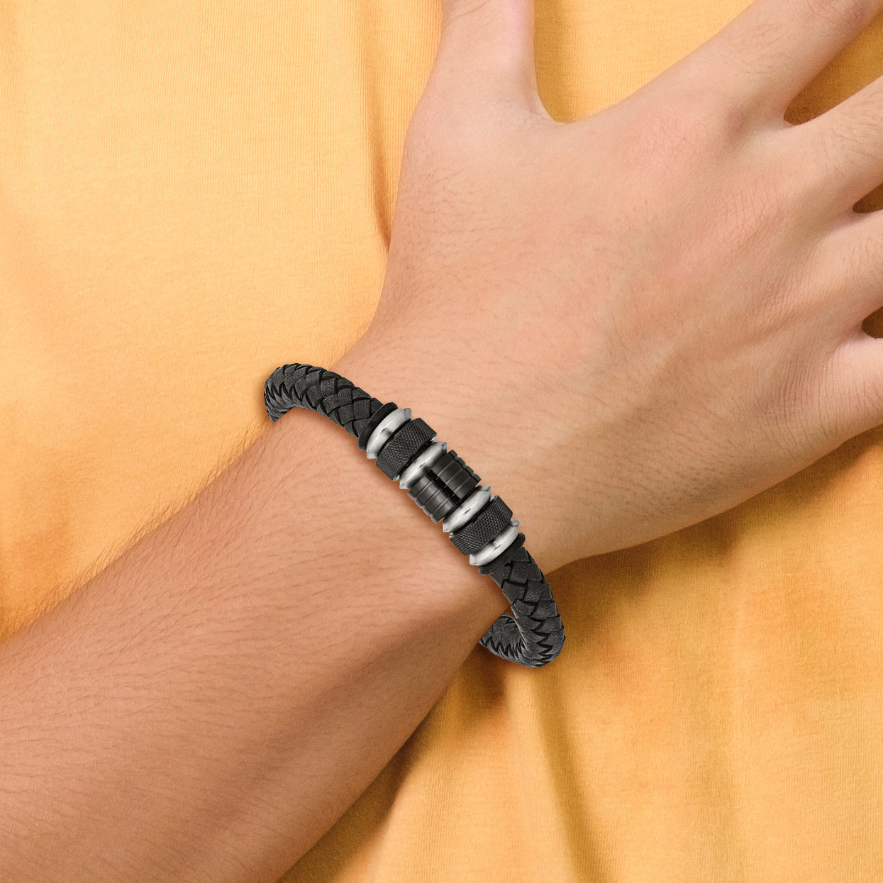 Stainless Steel Brushed and Polished Black IP-plated Black Braided Leather and Rubber Bracelet for Men