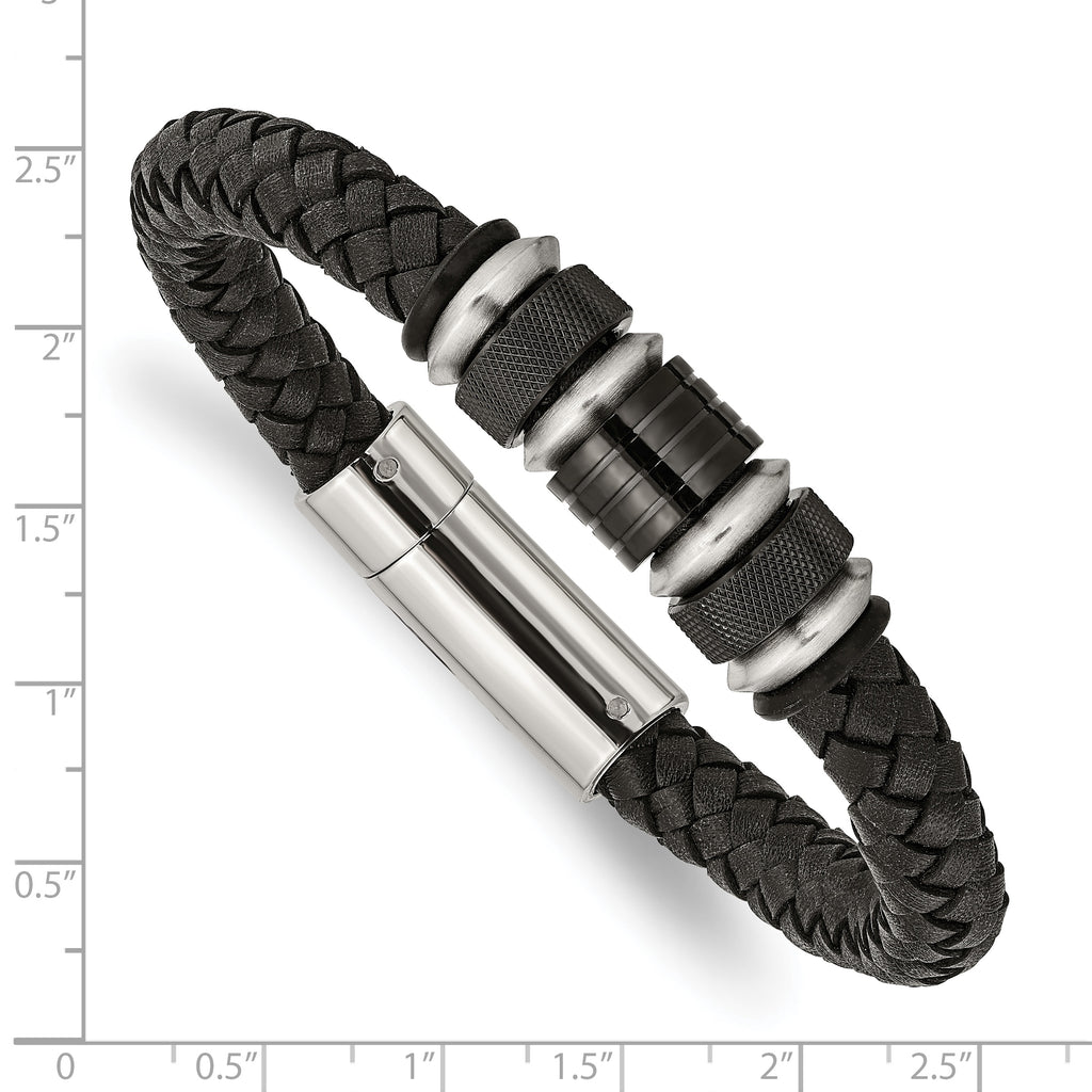 Stainless Steel Brushed and Polished Black IP-plated Black Braided Leather and Rubber Bracelet for Men