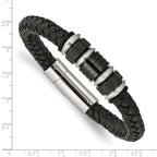 Stainless Steel Brushed and Polished Black IP-plated Black Braided Leather and Rubber Bracelet for Men