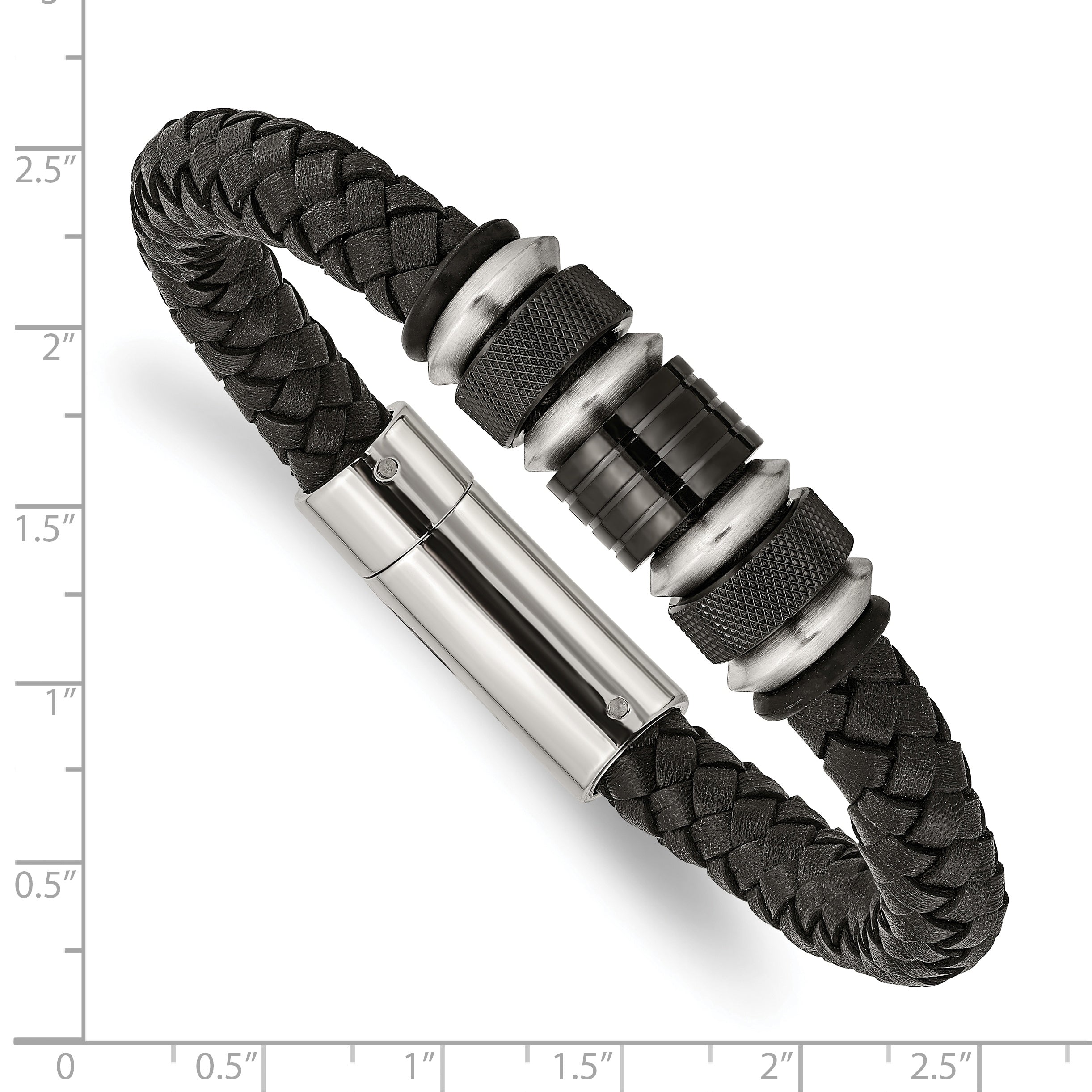 Stainless Steel Brushed and Polished Black IP-plated Black Braided Leather and Rubber Bracelet for Men