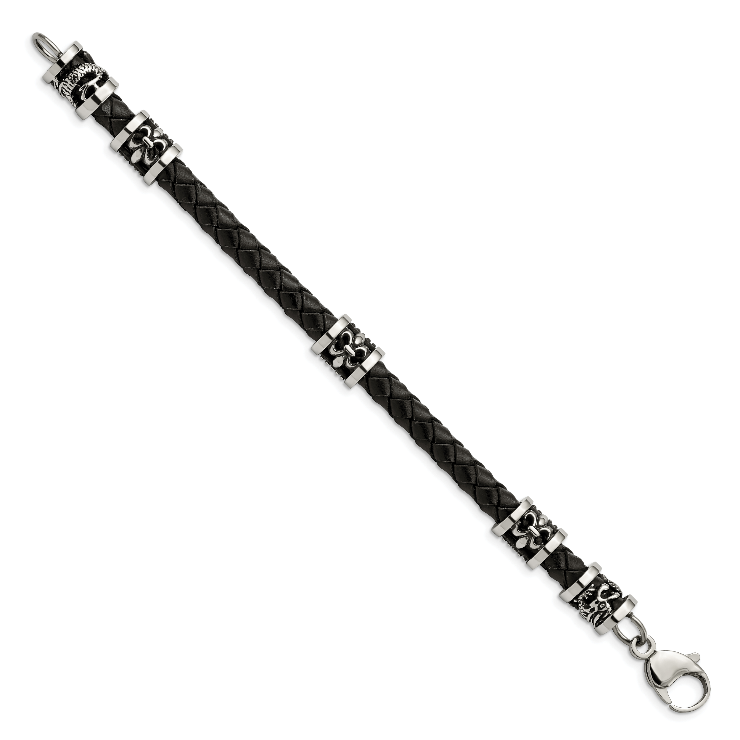 Stainless Steel Antiqued and Polished Fleur de Lis and Dragon Black Braided Leather Bracelet for Men Secondary image