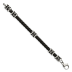 Stainless Steel Antiqued and Polished Fleur de Lis and Dragon Black Braided Leather Bracelet for Men