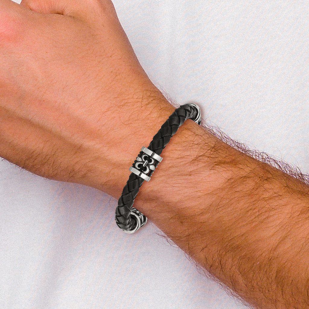 Stainless Steel Antiqued and Polished Fleur de Lis and Dragon Black Braided Leather Bracelet for Men