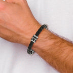 Stainless Steel Antiqued and Polished Fleur de Lis and Dragon Black Braided Leather Bracelet for Men