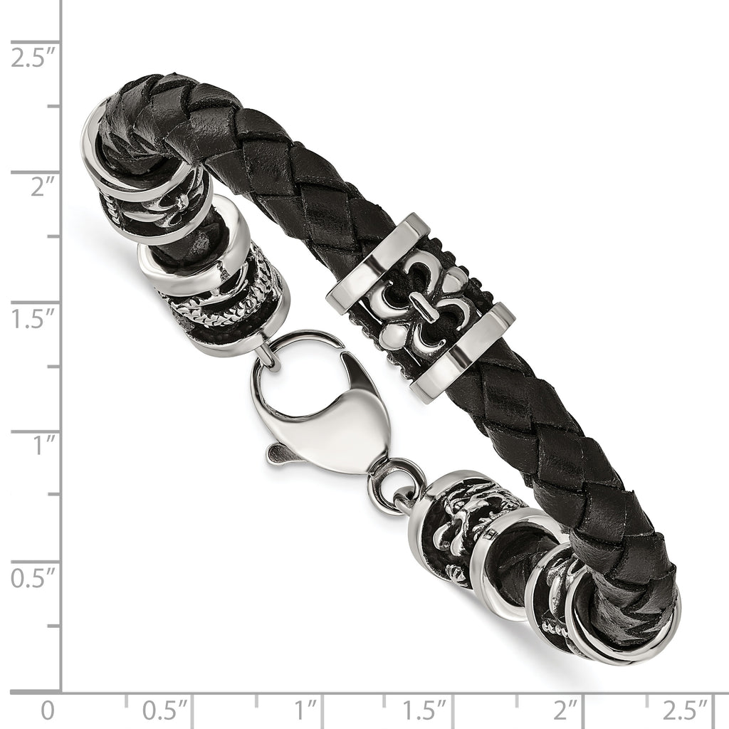 Stainless Steel Antiqued and Polished Fleur de Lis and Dragon Black Braided Leather Bracelet for Men