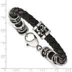 Stainless Steel Antiqued and Polished Fleur de Lis and Dragon Black Braided Leather Bracelet for Men