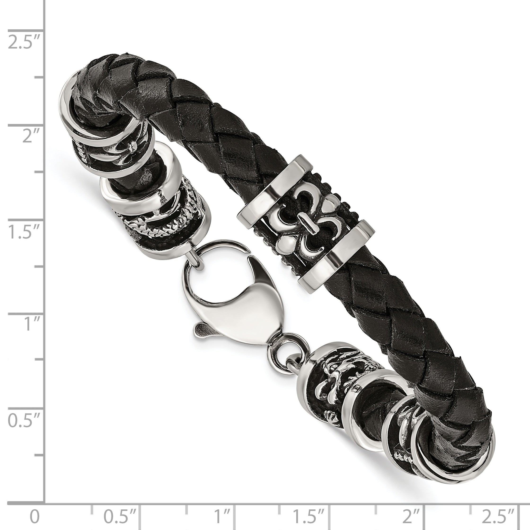 Stainless Steel Antiqued and Polished Fleur de Lis and Dragon Black Braided Leather Bracelet for Men