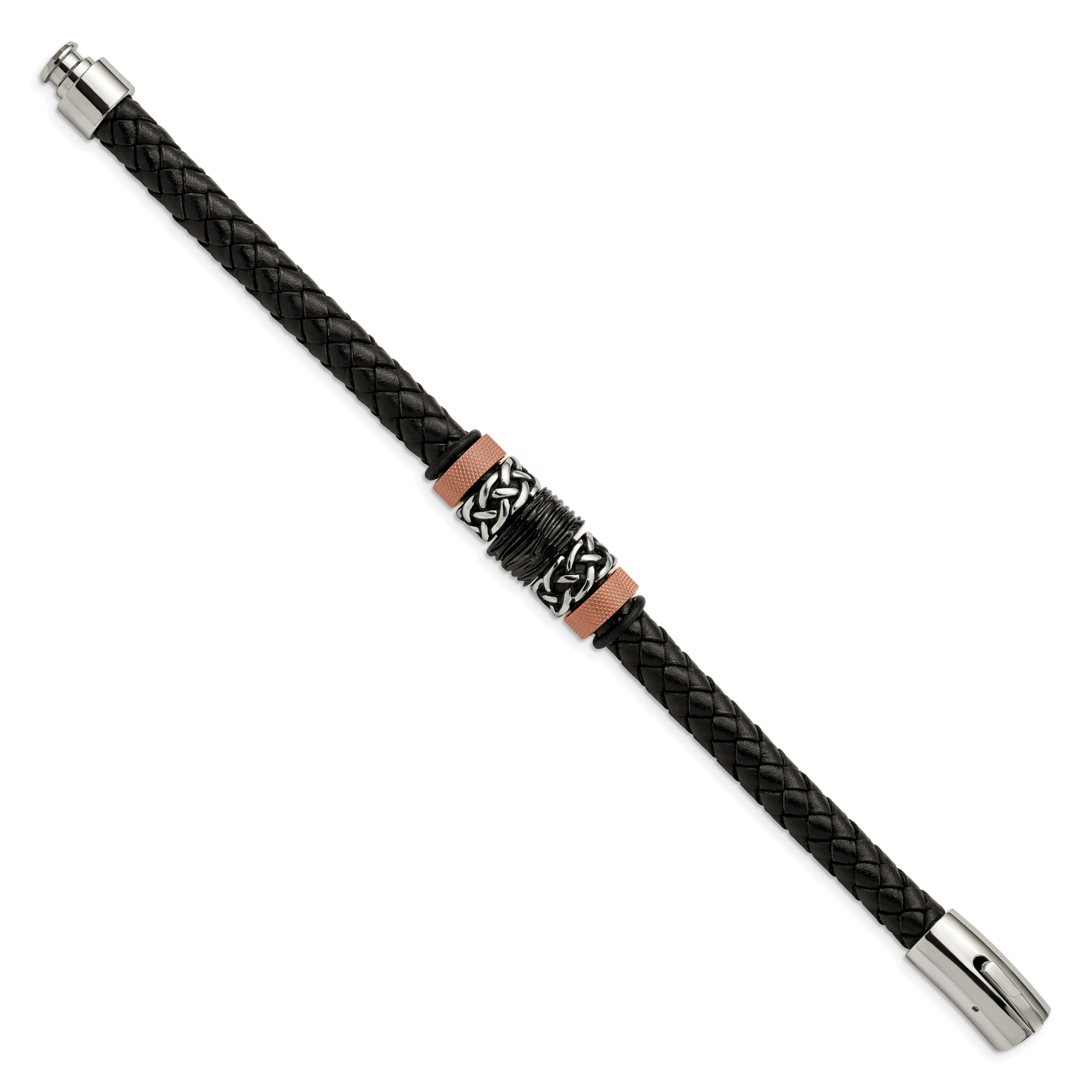Stainless Steel Polished and Textured Black and Brown IP-plated Black Braided Leather and Rubber Bracelet for Men