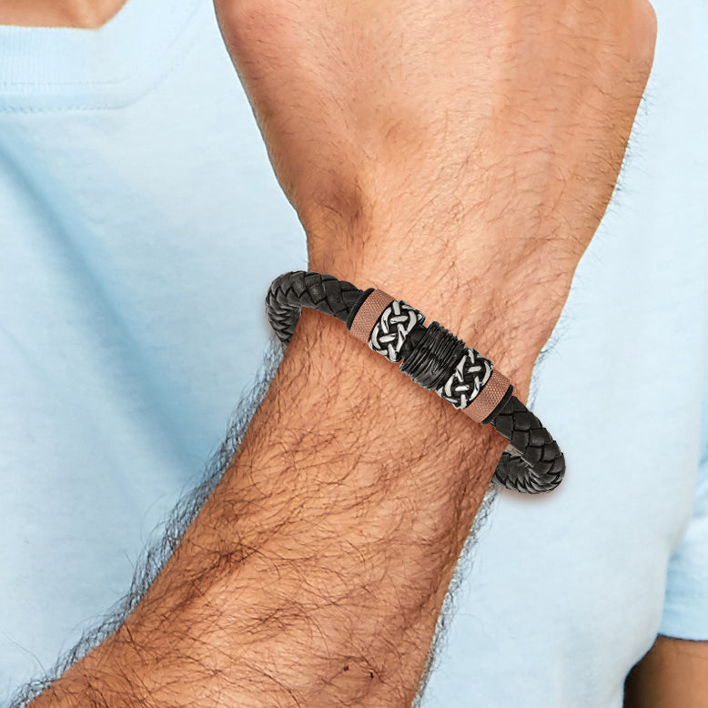 Stainless Steel Polished and Textured Black and Brown IP-plated Black Braided Leather and Rubber Bracelet for Men