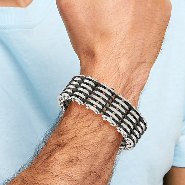 Stainless Steel Polished with Black Rubber Bracelet for Men