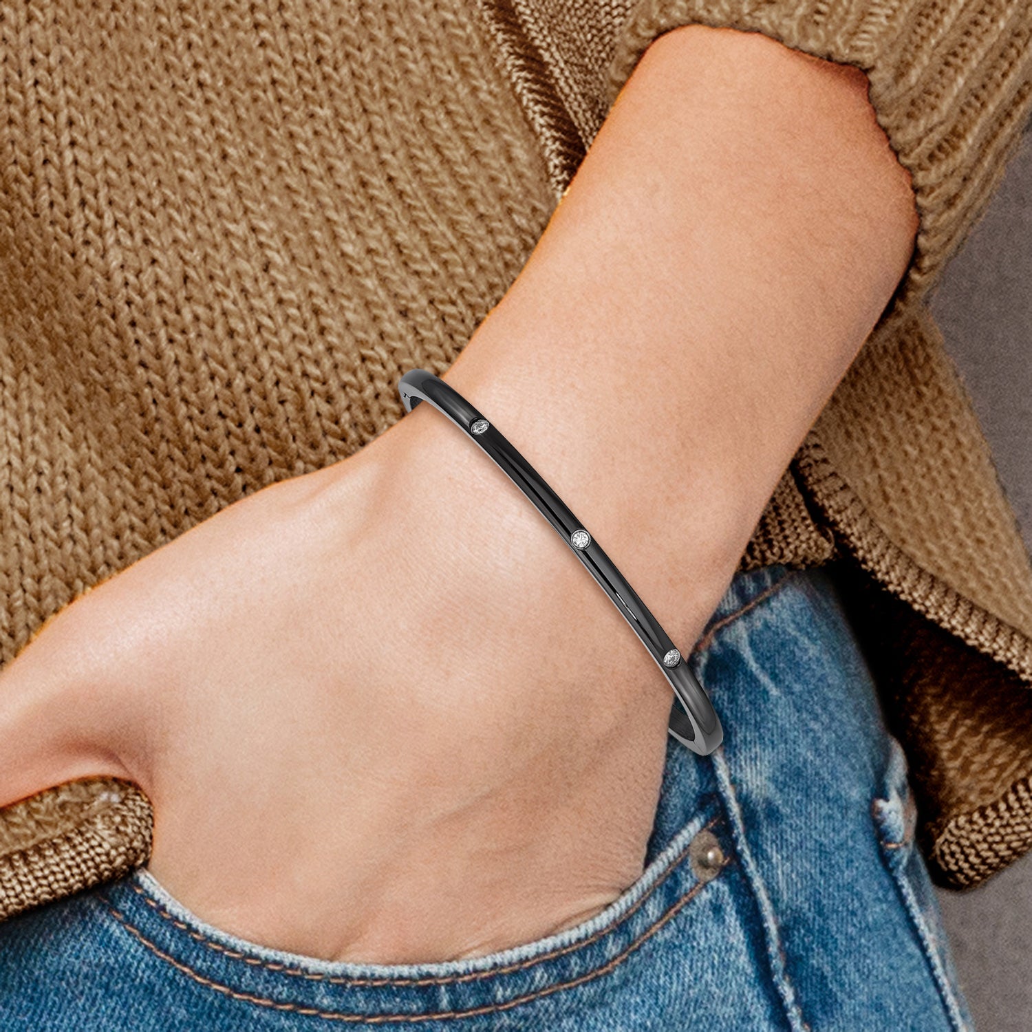 Stainless Steel Polished Black IP-plated with Cubic Zirconia Bangle Bracelet for Women