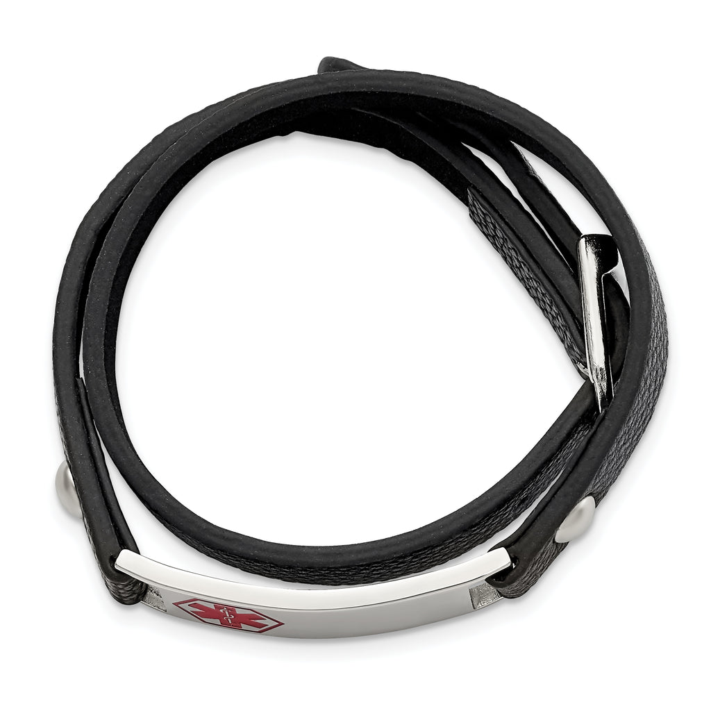 Stainless Steel Polished with Red Enamel Medical ID Black Leather Adjustable Wrap Bracelet