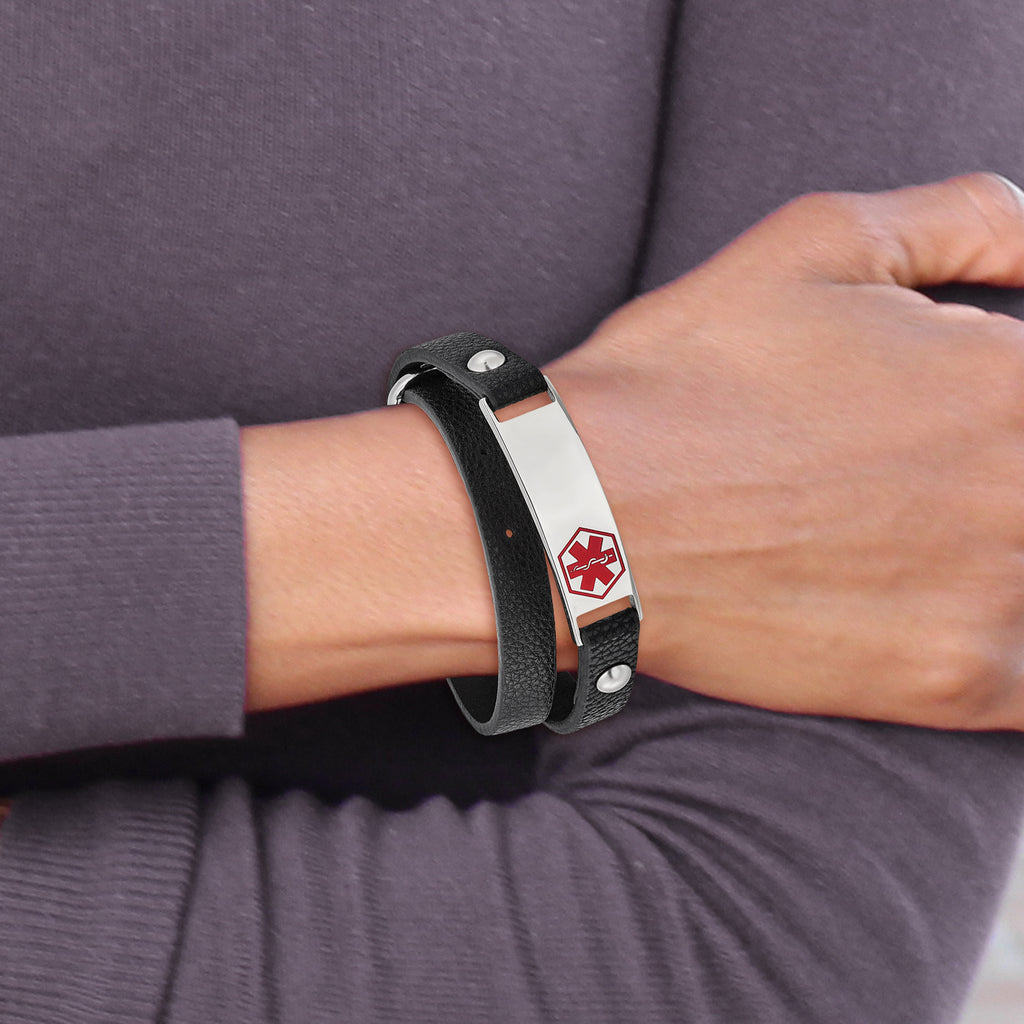 Stainless Steel Polished with Red Enamel Medical ID Black Leather Adjustable Wrap Bracelet