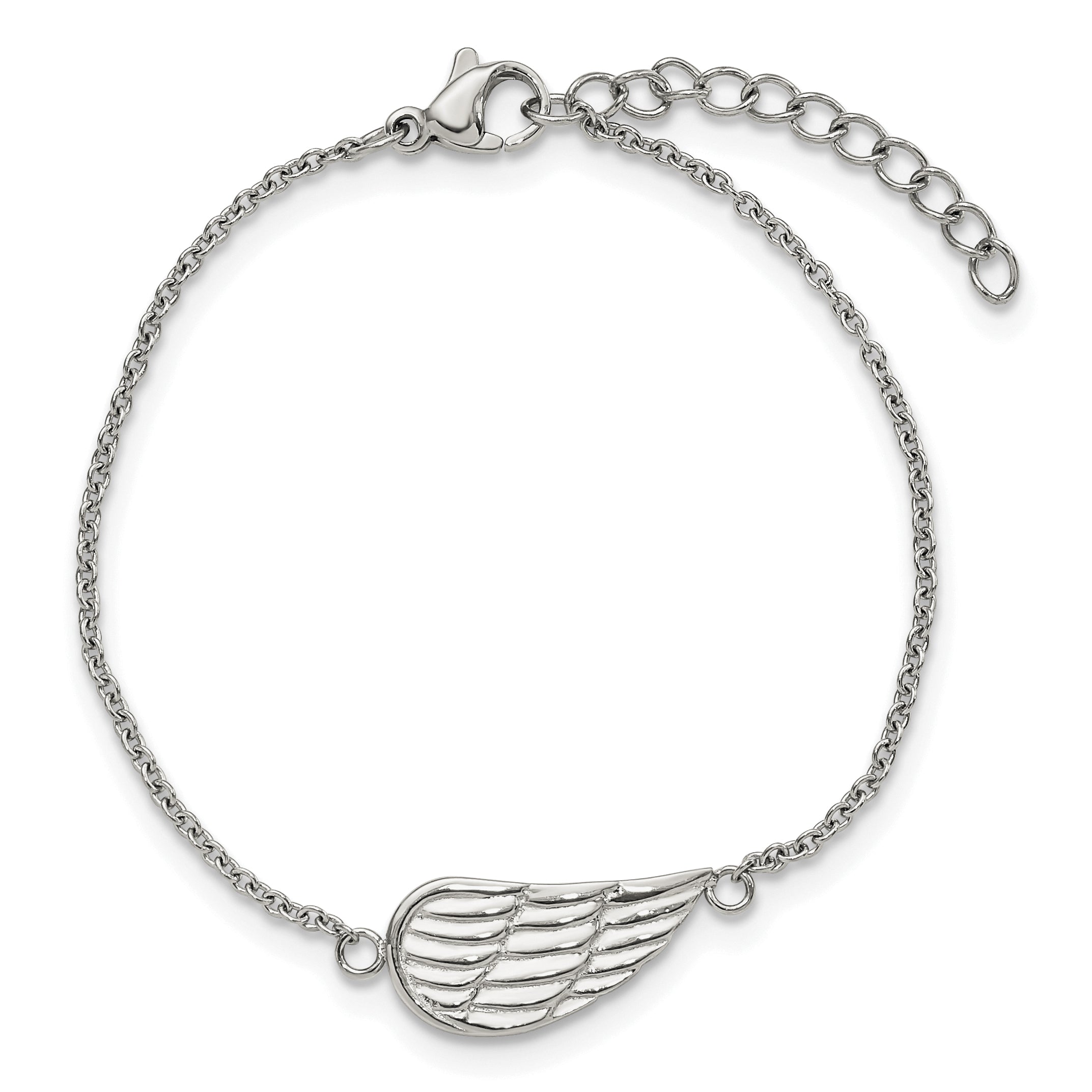 Stainless Steel Polished and Textured Angel Wing Bracelet with Extension for Women