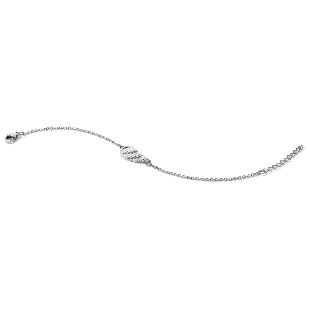 Stainless Steel Polished and Textured Angel Wing Bracelet with Extension for Women