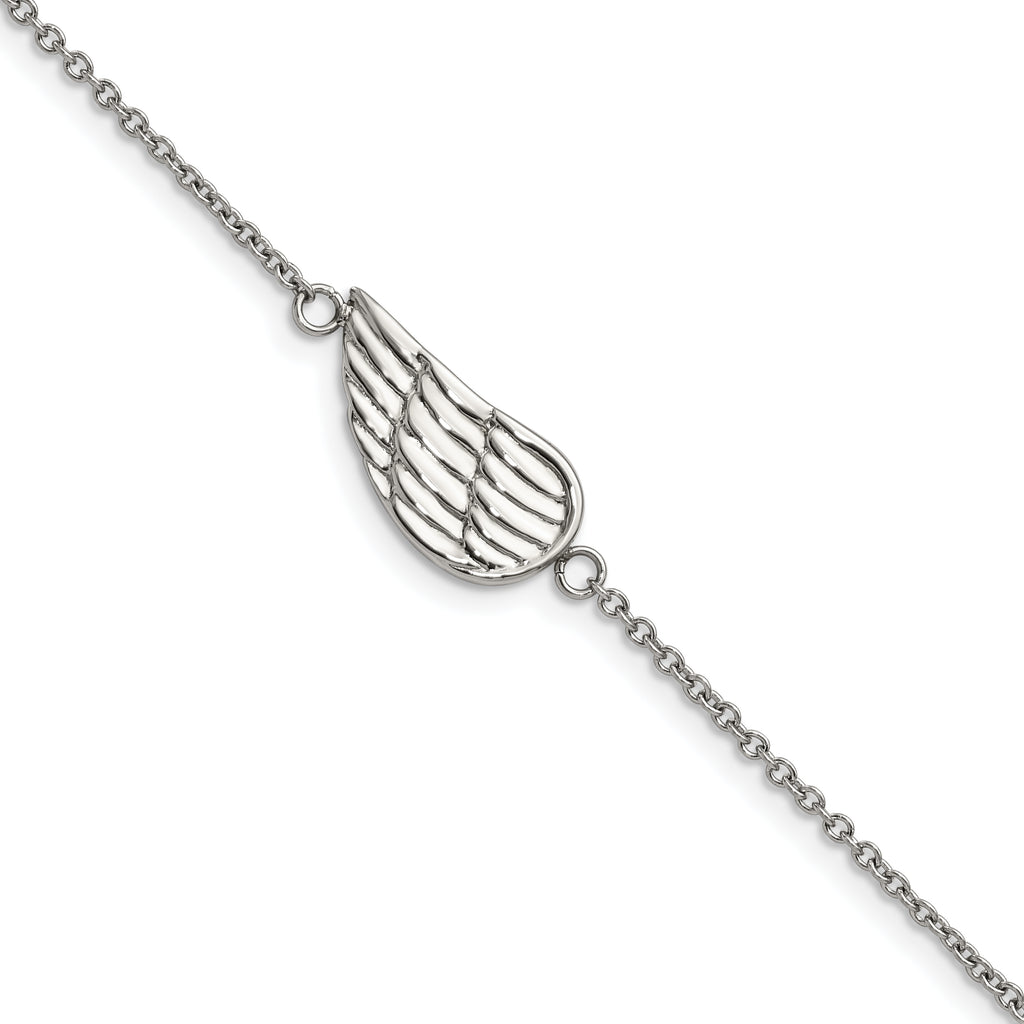Stainless Steel Polished and Textured Angel Wing Bracelet with Extension for Women