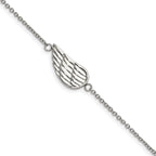 Stainless Steel Polished and Textured Angel Wing Bracelet with Extension for Women