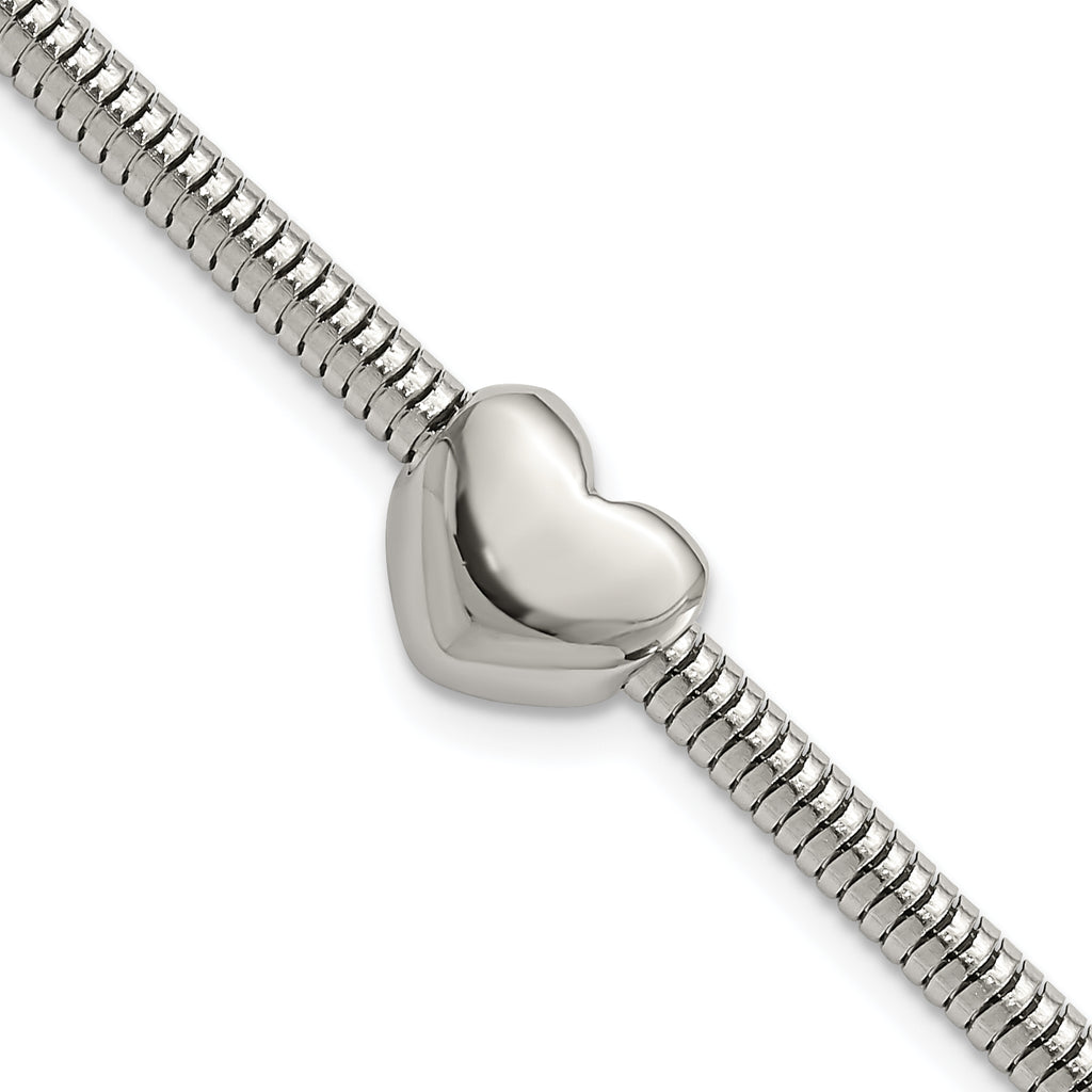 Stainless Steel Polished Heart Bead Snake Chain with ext. Bracelet for Women