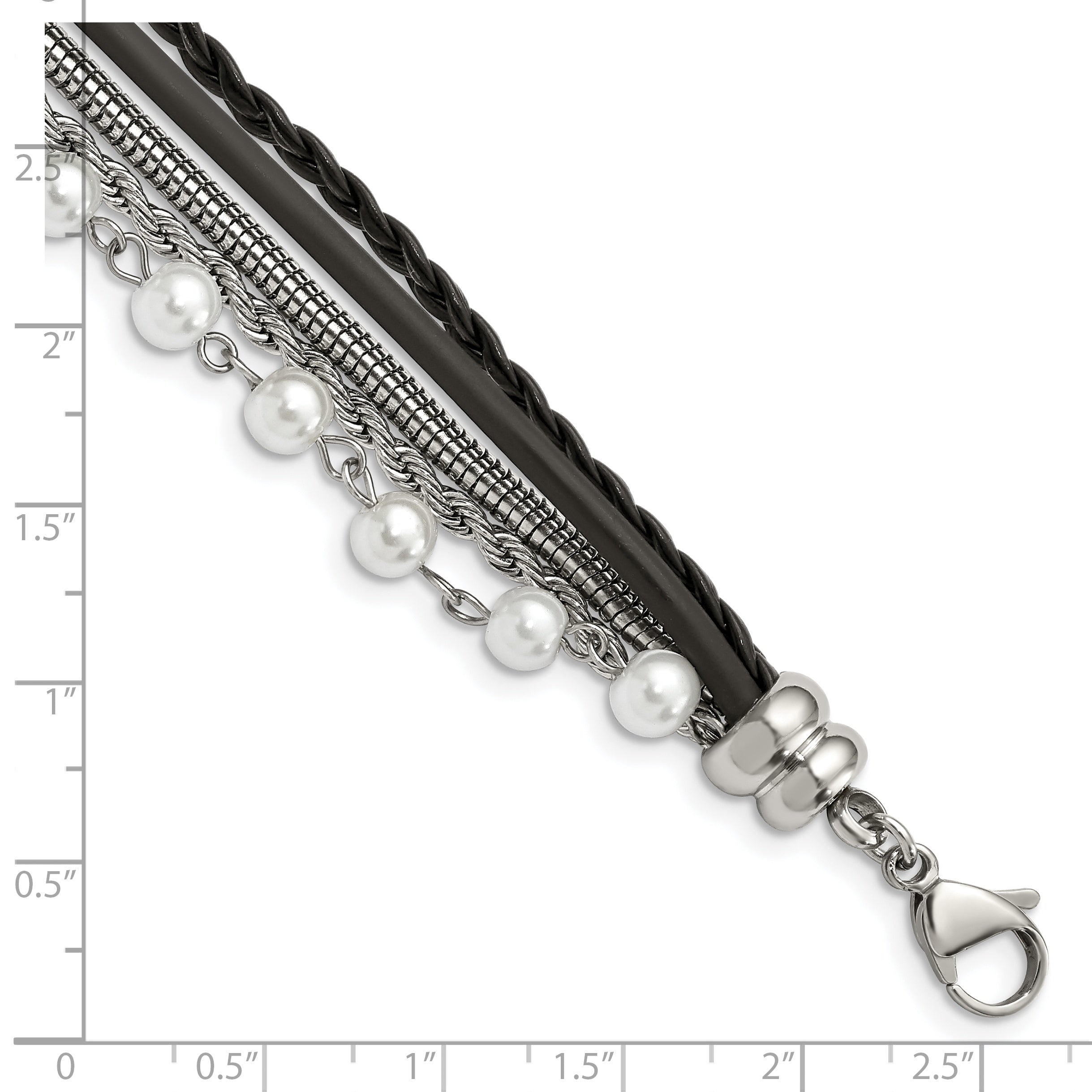 Stainless Steel Polished Leather with Simulated Pearls with ext Bracelet for Women