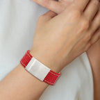 Stainless Steel Brushed Red Leather ID Bracelet