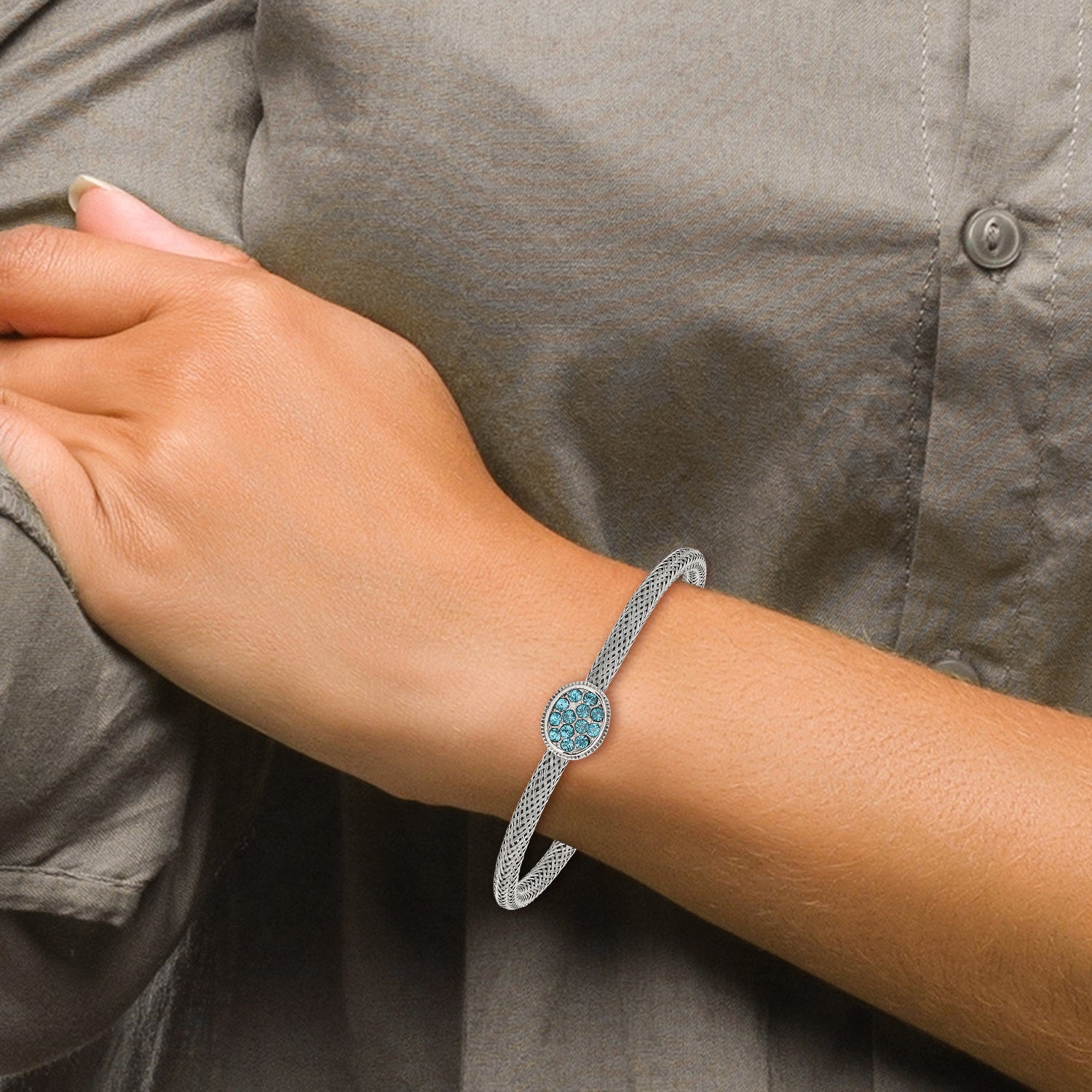 Stainless Steel Polished and Textured Blue Crystal Bracelet for Women