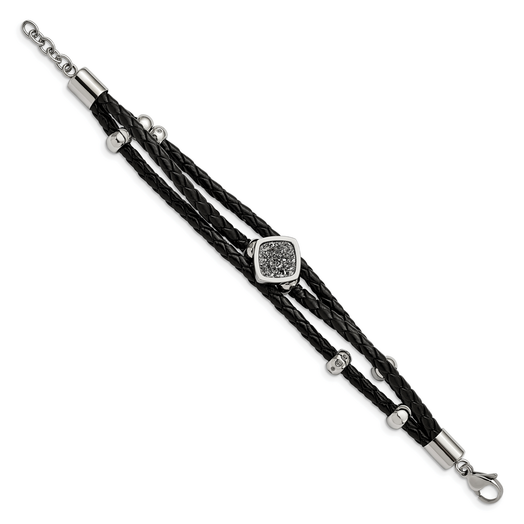 Stainless Steel with . ext Polished with Druzy and Crystal Leather Bracelet for Women