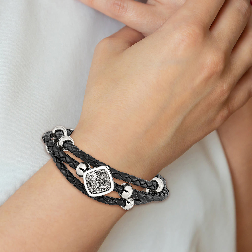 Stainless Steel with . ext Polished with Druzy and Crystal Leather Bracelet for Women
