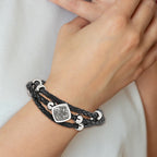 Stainless Steel with . ext Polished with Druzy and Crystal Leather Bracelet for Women